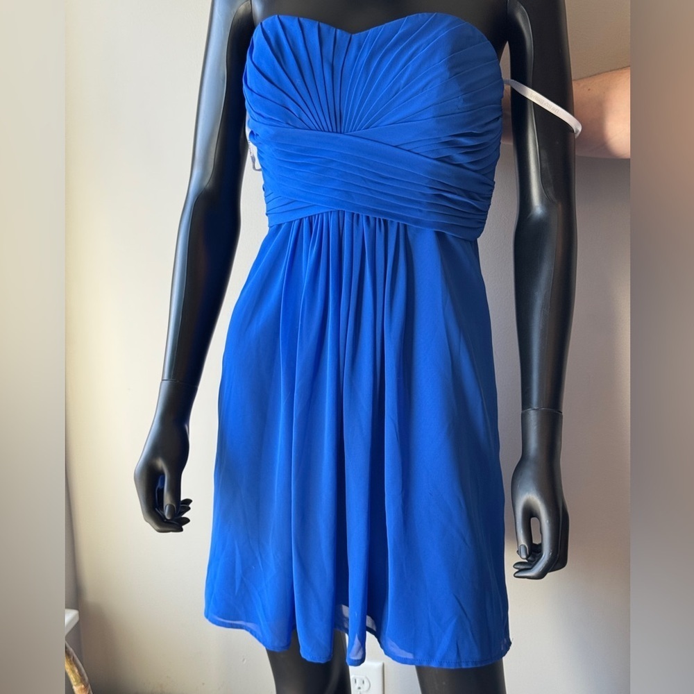 DAVID’S BRIDAL Cobalt Blue Short Chiffon Strapless Mini Dress Size 8